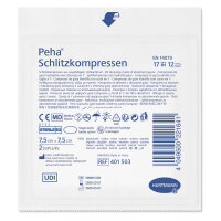 Hartmann Peha Schlitzkompressen steril, 50 x 2 Stück, 7,5 cm x 7,5 cm Primärverpackung Rückseite