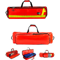 HUM AEROcase IMMObag Notfalltasche für Immobilisationsausrüstung Vorderseite und Rückseite geschlossene Darstellung und geöffnete Darstellung und mit Beispielprodukten gefüllt