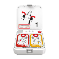 Physio-Control Stryker LIFEPAK CR2 AED mit Simkarte und Tasche, vollautomatisch mit geöffnetem Deckel mit sichtbaren Elektroden